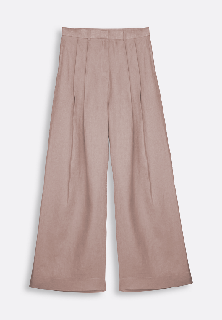 Beige Wide Leg Linen Trousers