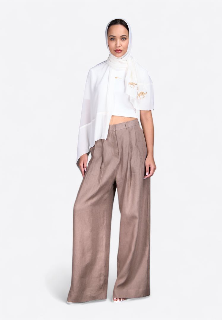 Beige Wide Leg Linen Trousers - East Vibe