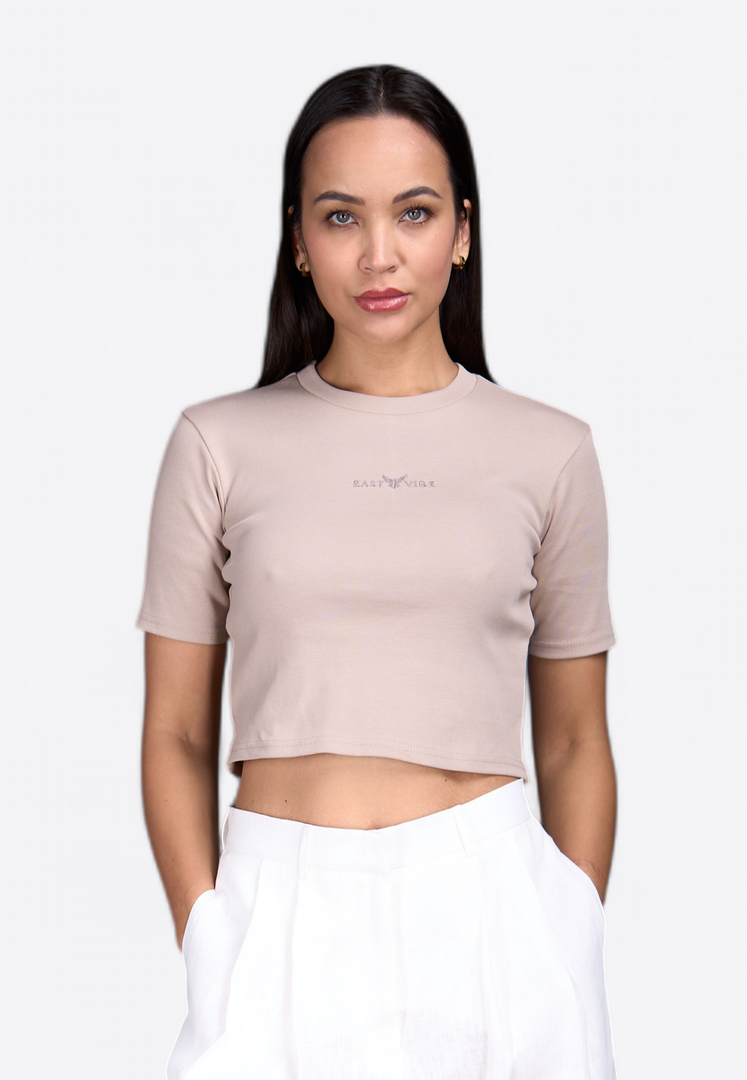 Beige Crewneck Cotton Crop Top - East Vibe