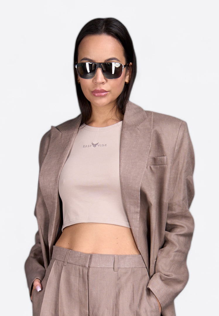 Beige Crewneck Cotton Crop Top with Blazer